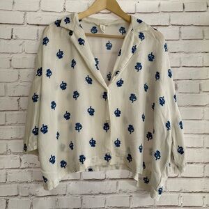 H&M White Blouse with Blue Floral Design